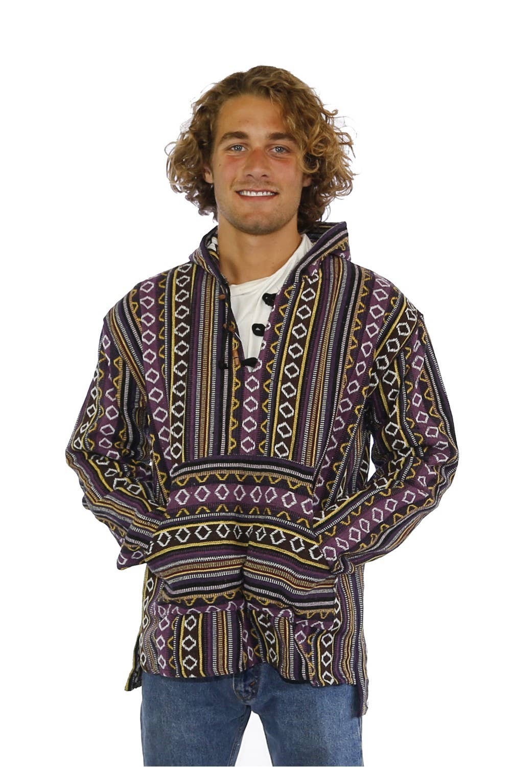 Sunshine Joy - Wholesale Hoodie - Unisex - Woven Baja Style Hoodie Pullover Purple/Gold0