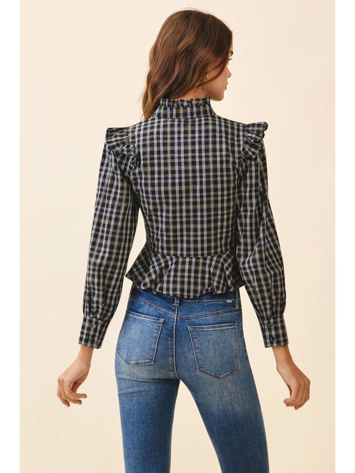 Noir CT9646-Haut à ourlet péplum avec boutons devant, volants et accents à carreaux en vente sur Faire3