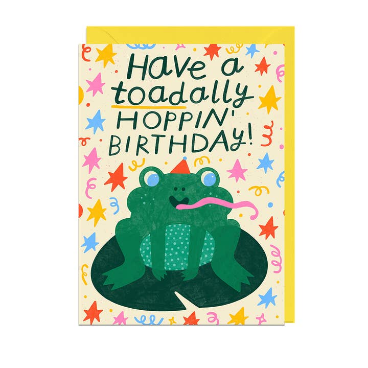 Carte-enveloppe jaune d'anniversaire TOAD HOPPIN pour la vente par Jolly Awesome