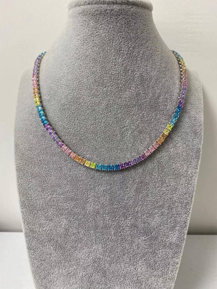 Rainbow Radiance Tennis Necklace - Multicolor Crystal Choker in Silver Setting for wholesale by By lilly Paris