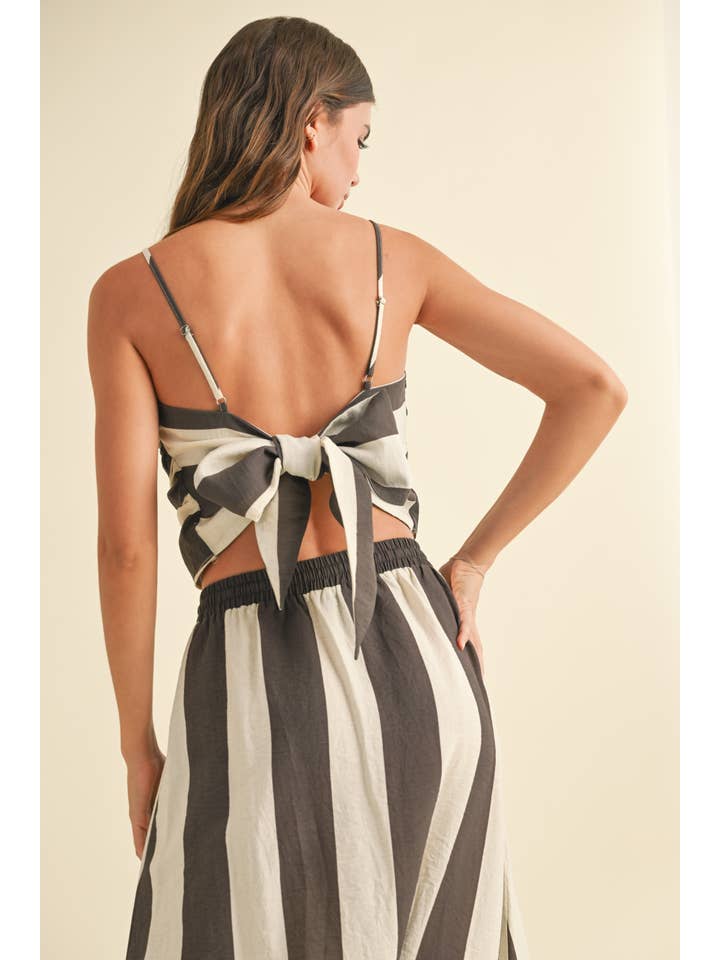 Brown T4523ST WIDE STRIPE PATTERN TIED IN BACK TOP for wholesale on Faire