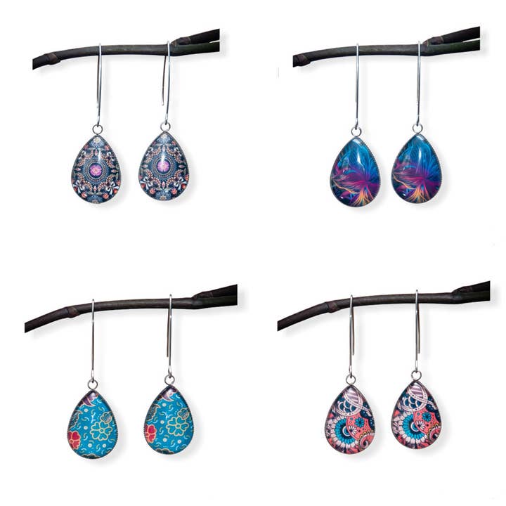 Boucles d'oreilles cabochon goutte thème fleur & géométrie pour la vente par Créative Perles