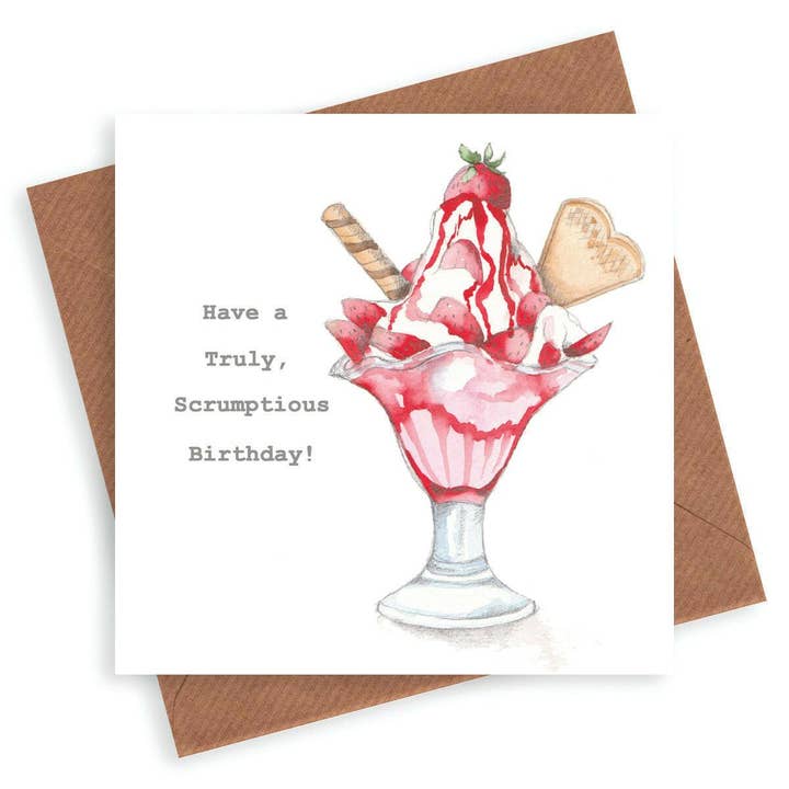 Carte d'anniversaire Sundae à la fraise – Papier de luxe certifié FSC avec enveloppe kraft incluse pour la vente par Crumble & Core