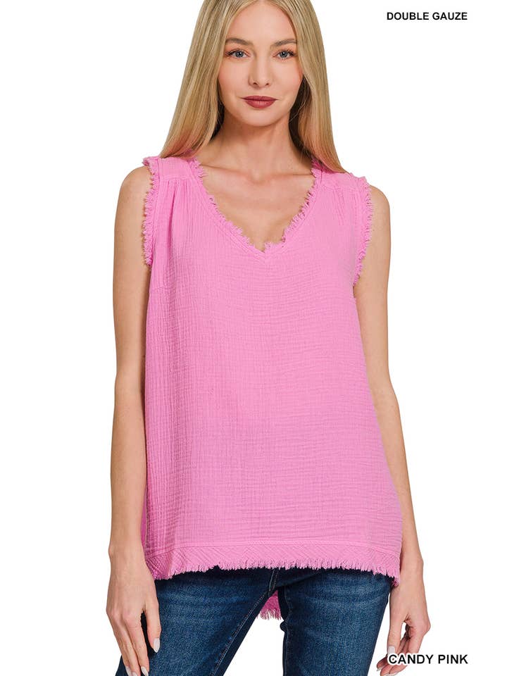Vanilla Monkey - Wholesale Tank Top - Women's - Double Gauze Raw Edge V-neck Tank Top