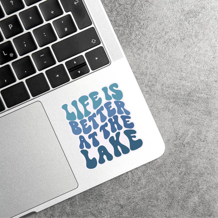 LIFE IS BETTER AT THE LAKE Blue Waterproof vinyl sticker for wholesale by Little Cabins Creative Co