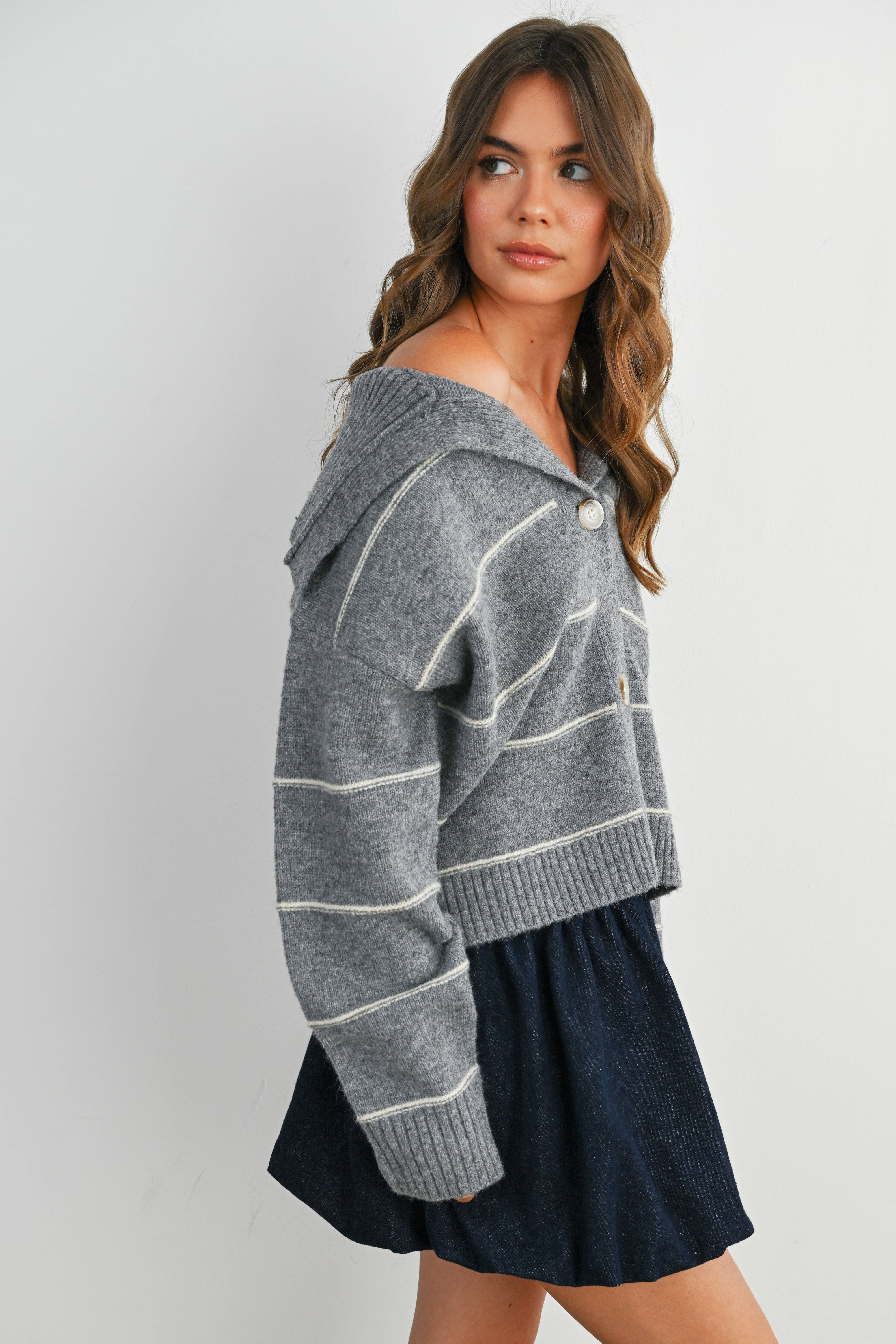 BUTTERMELON - Wholesale Knit Sweater - Women's - Button-Up Striped Collared Long Sleeve Top - BMC788314