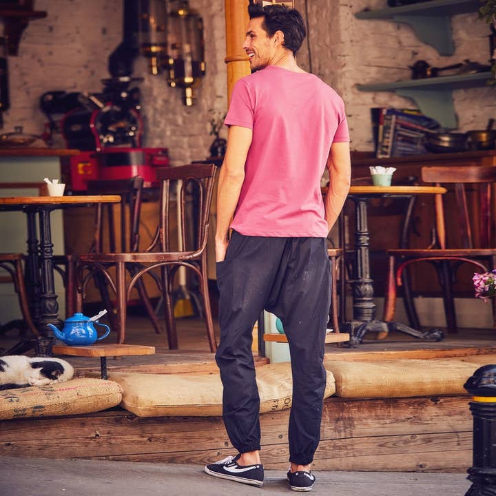 Elastic Waist Hippie Style Mens Black Drop Crotch Pants for wholesale by Los Banditos