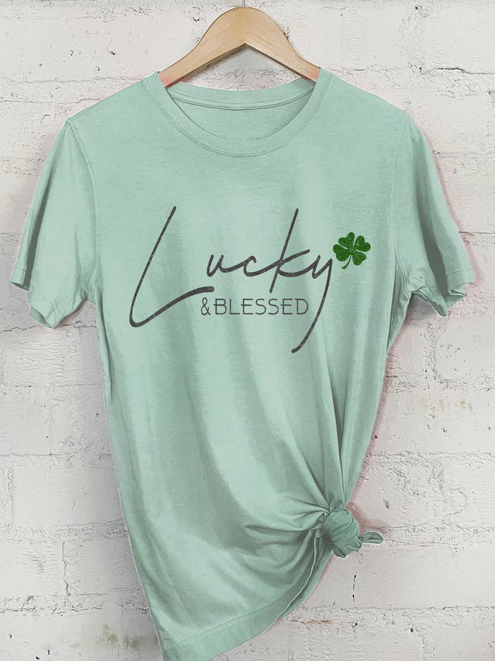 LUCKY AND BLESSED CLOVER GRAPHIC TSHIRTS for wholesale by Rustee Clothing
