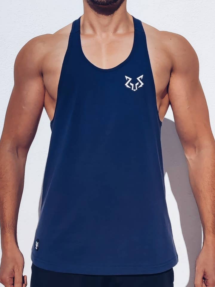 Racerback Mens Plain Navy Gym Vest Stringer for wholesale by Wulf