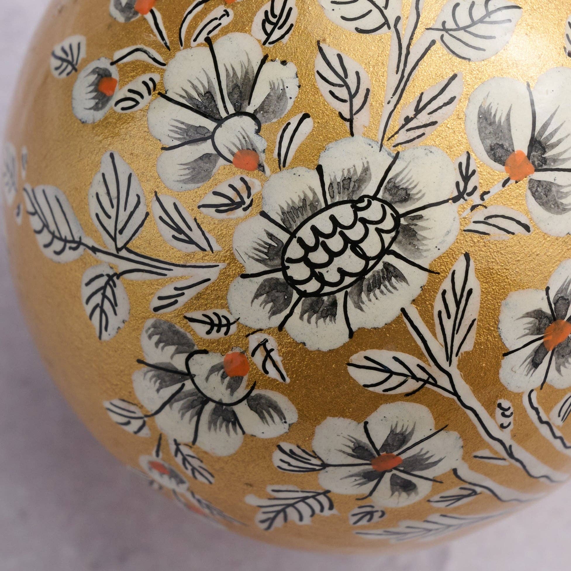 Ten Thousand Villages - Wholesale Ornament - Painted Gold Florals Paper Mache Ball Ornament1