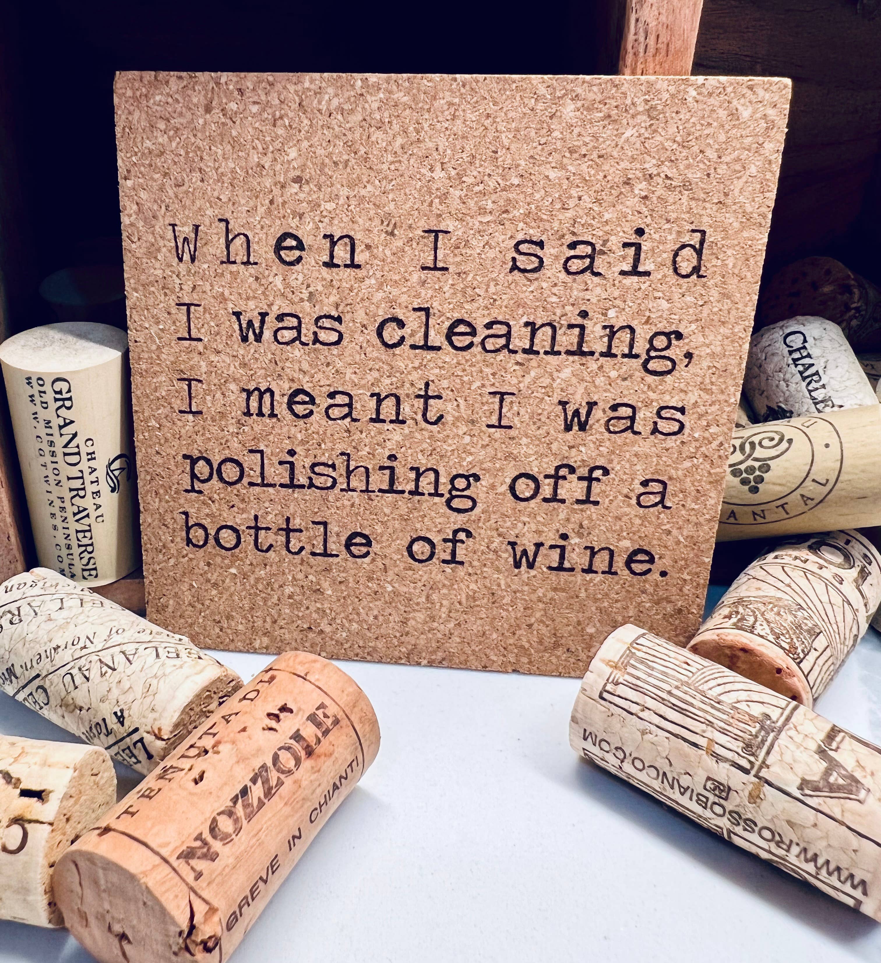 ellembee gift - Wholesale Coasters - Polishing Wine funny laser etched cork Coaster1