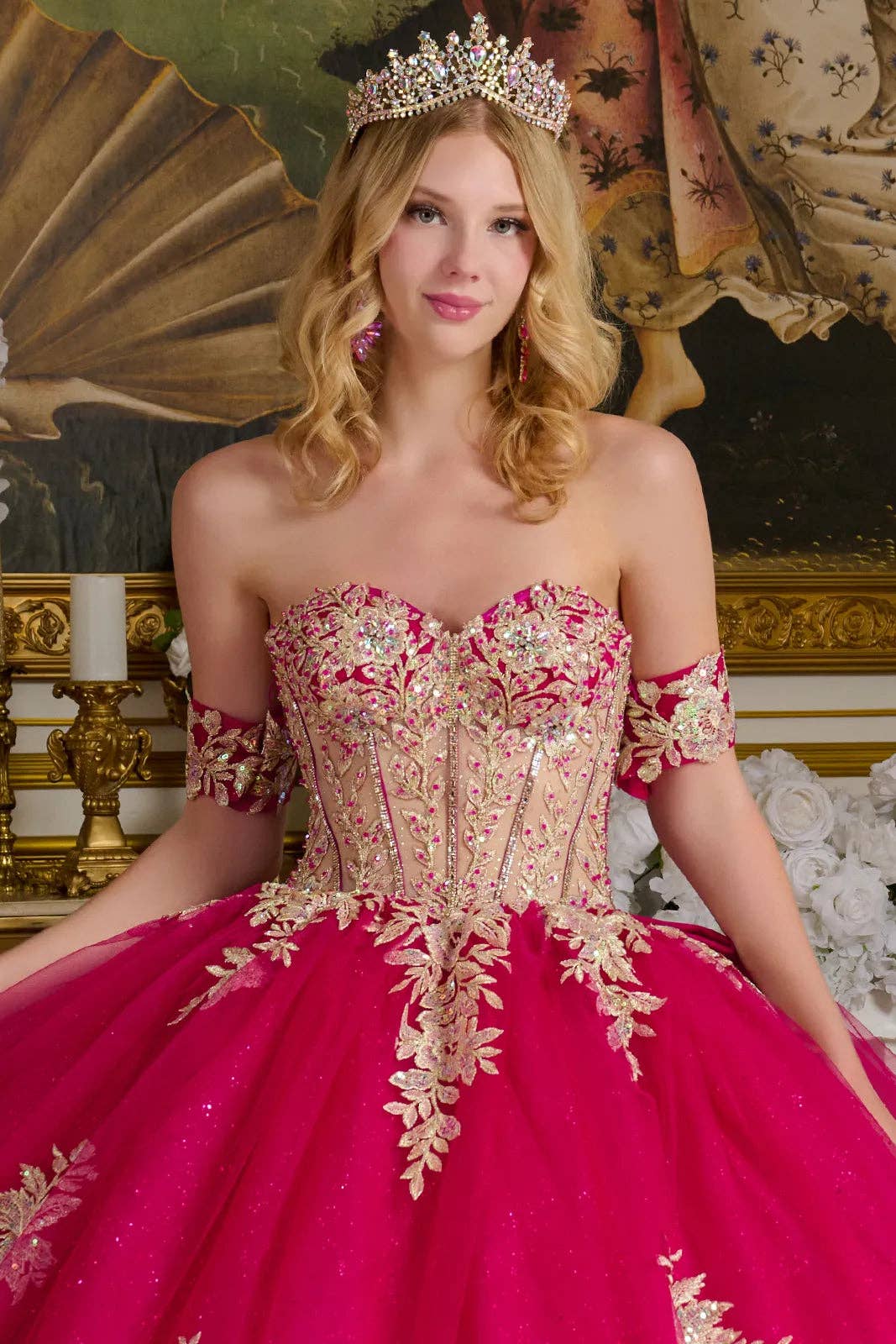 FUCHSIA Off Shoulder Long Quinceanera Tulle Ball Gown w/ Corset Back & Bejeweled Grommets GLGL3641 for wholesale on Faire3