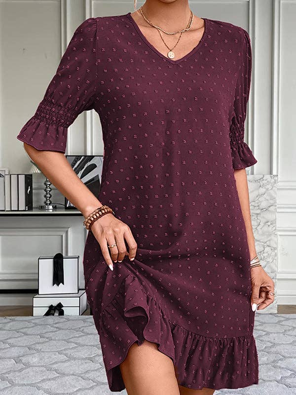 Plush Looks – Großhandel Kleid – Damen – A-Linien-Minikleider mit ausgestellten Ärmeln und elastischem Jacquardplissee, einfarbig, mit geteilten Gelenken und V-Ausschnitt3