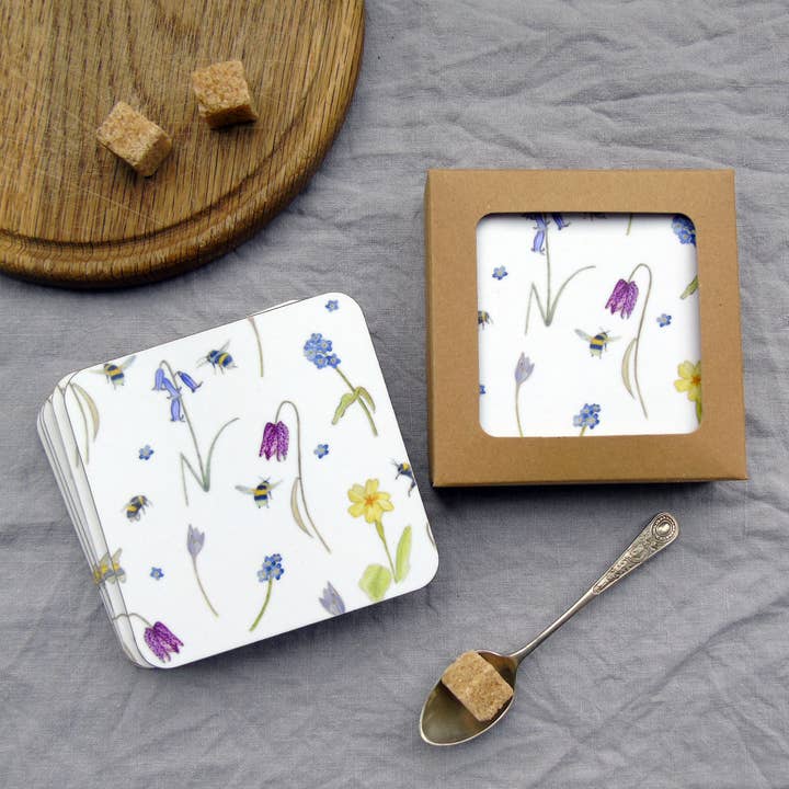 Set of Six Spring Flower and Bee Melamine Coasters for wholesale by Littlebirdy Designs