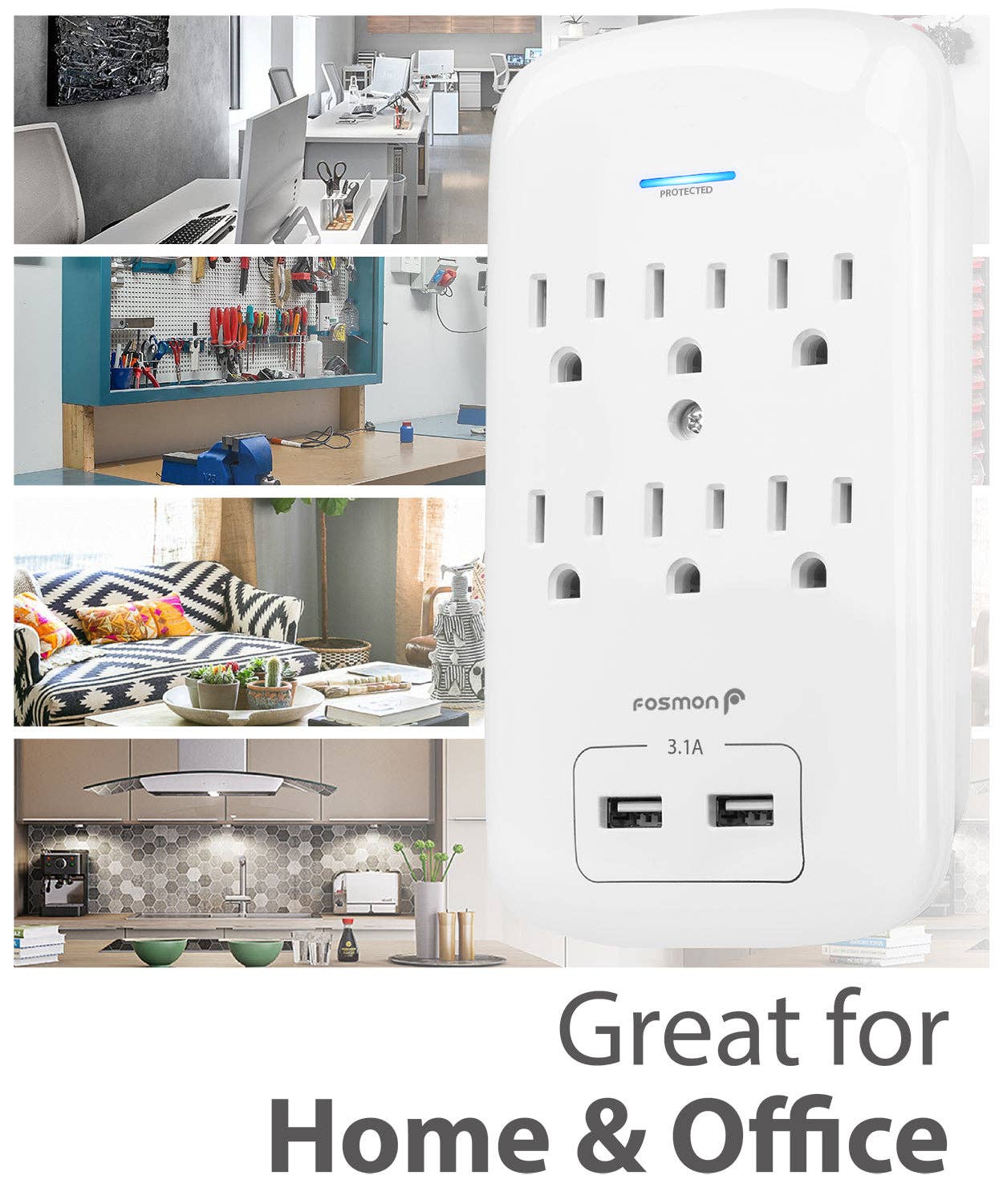 Fosmon - Wholesale Power Adapter - 6 Outlet 1200 Joules Surge Protector with 2 USB Ports7