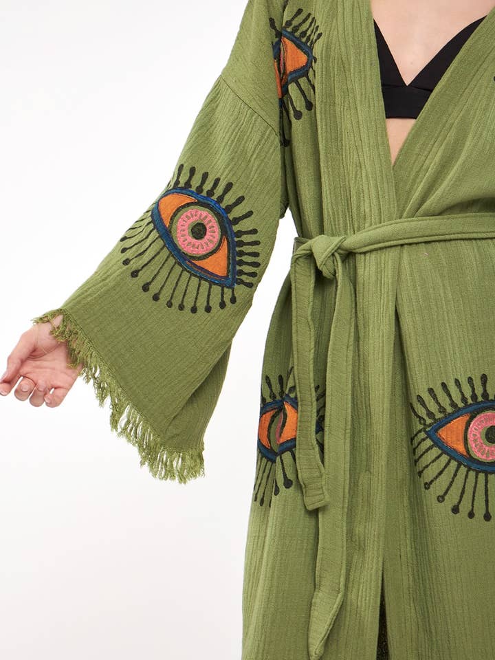 Yaz Concepts - Wholesale Kimono - Women's - Turkish Evil Eye Print Olive Green Robe Festival Kimono Gown14