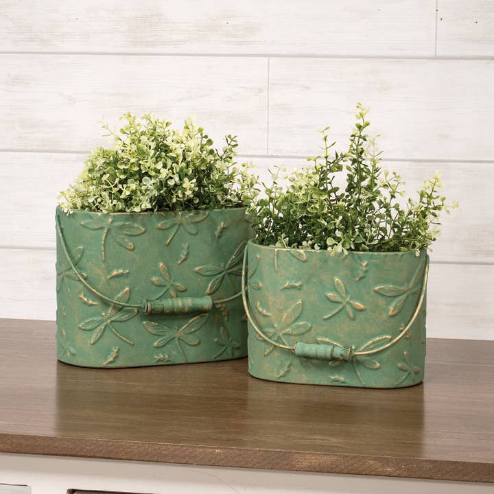 Col House Designs - Wholesale Bucket/Pail - 2/Set - Dragonfly Embossed Green Metal Oval Buckets