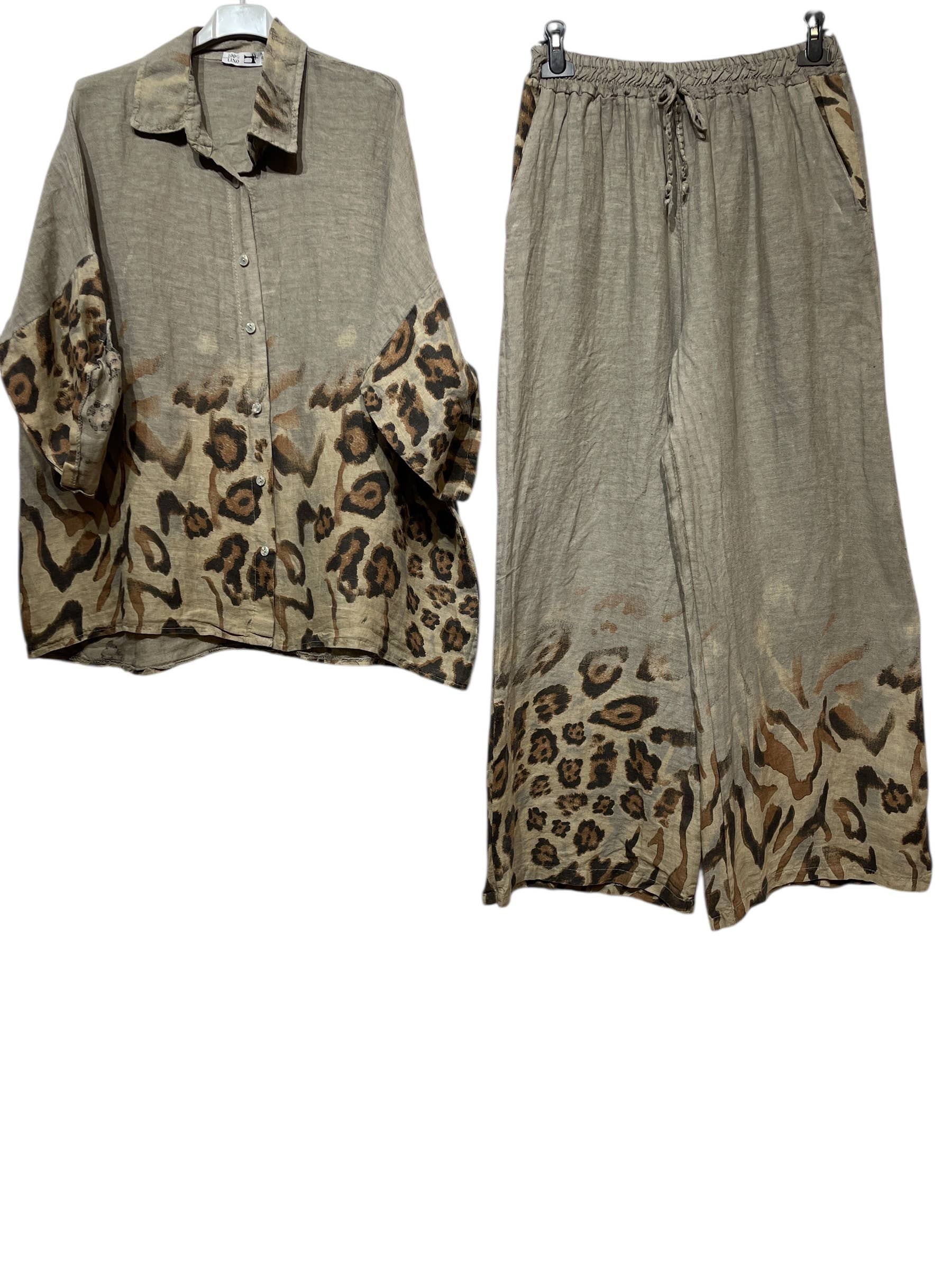 LINEN & COTTON HOUSE – Engroshandel Overdelssæt – til kvinder – Leopardmønstret hørskjorte og bukser sæt 09002 4840324