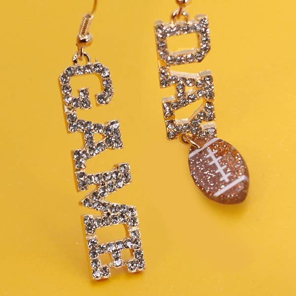 Gold GAME DAY FOOT BALL RHINESTONE DROP EARRINGS | 80E2544 for wholesale on Faire