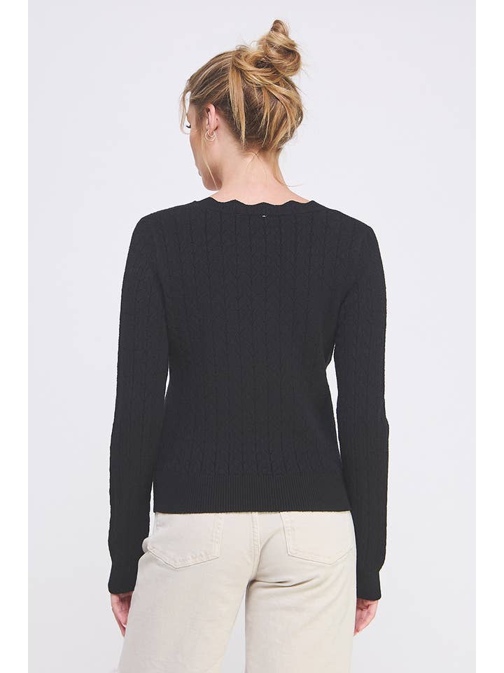 Allie Rose - Wholesale Knit Sweater - Women's - Pointelle Pullover Sweater with Scallop V-Neck