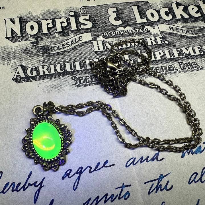 Uranium Glass Frame Necklace (Copper OR Silver) for wholesale by Corkscrew Curiosities
