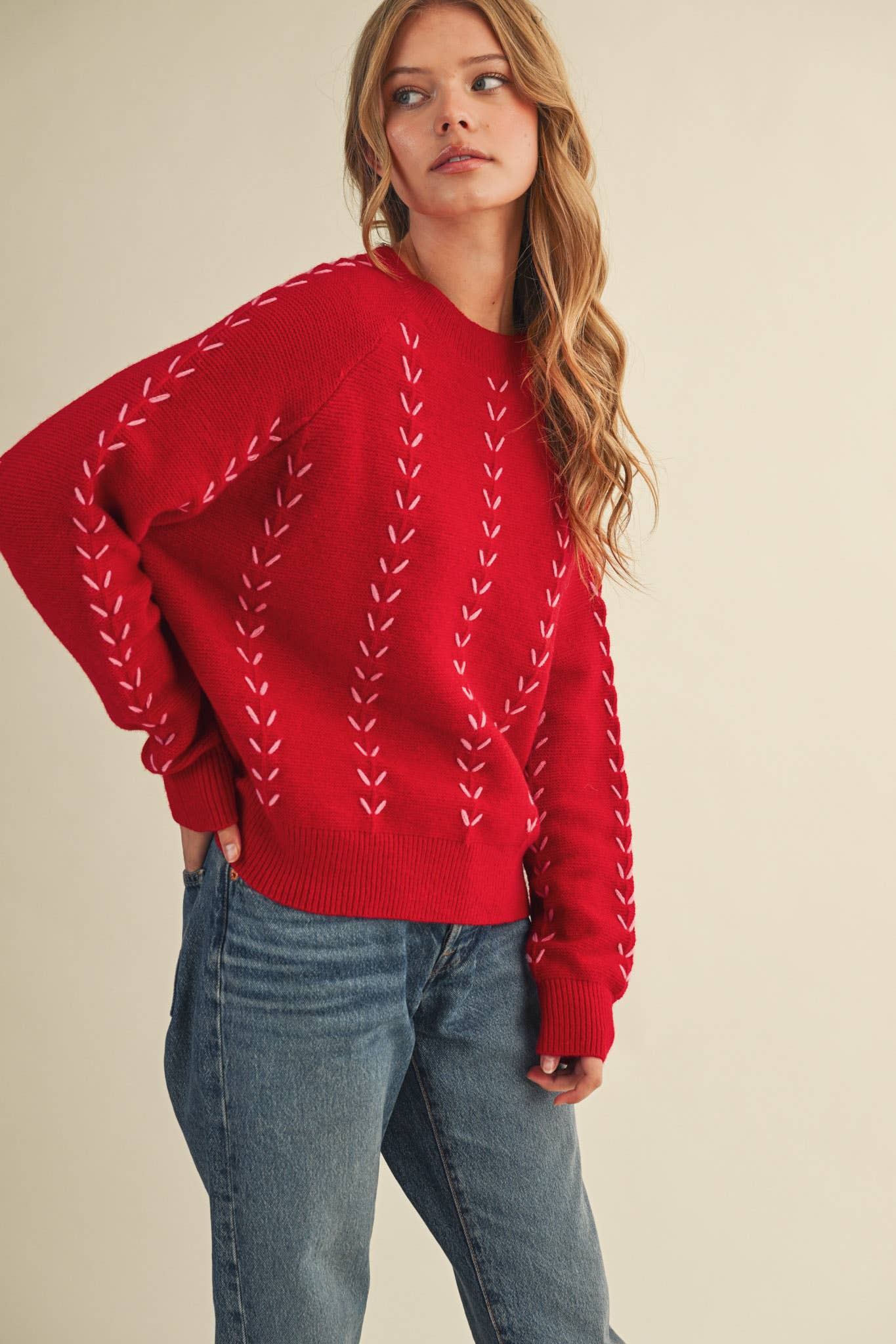 &MERCI - Wholesale Knit Sweater - Women's - EMBROIDERED LONG SLEEVE PULLOVER SWEATER MSW1117910