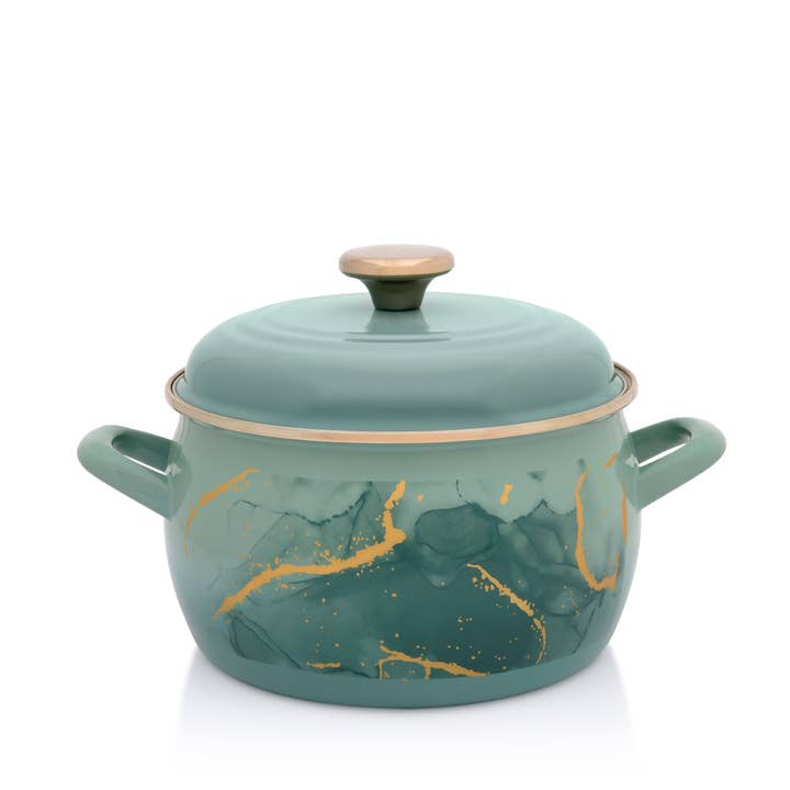 Panela Esmaltada com Tampa Esmaltada, 142 oz, Coleção Marble por atacado de Metalac Enamelware