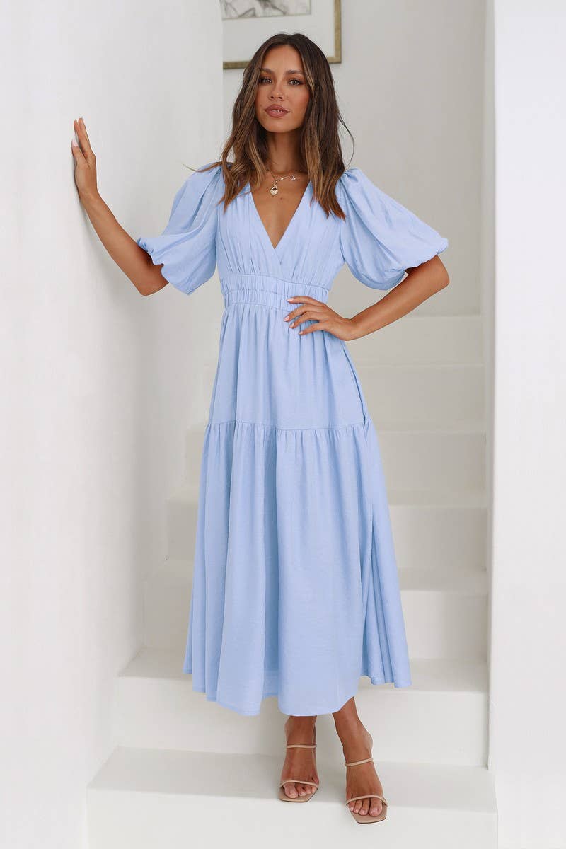 Lily Clothing - Wholesale Dress - Women's - SOLID COLOR DARK V LANTERN  SLEEVE DRESS12