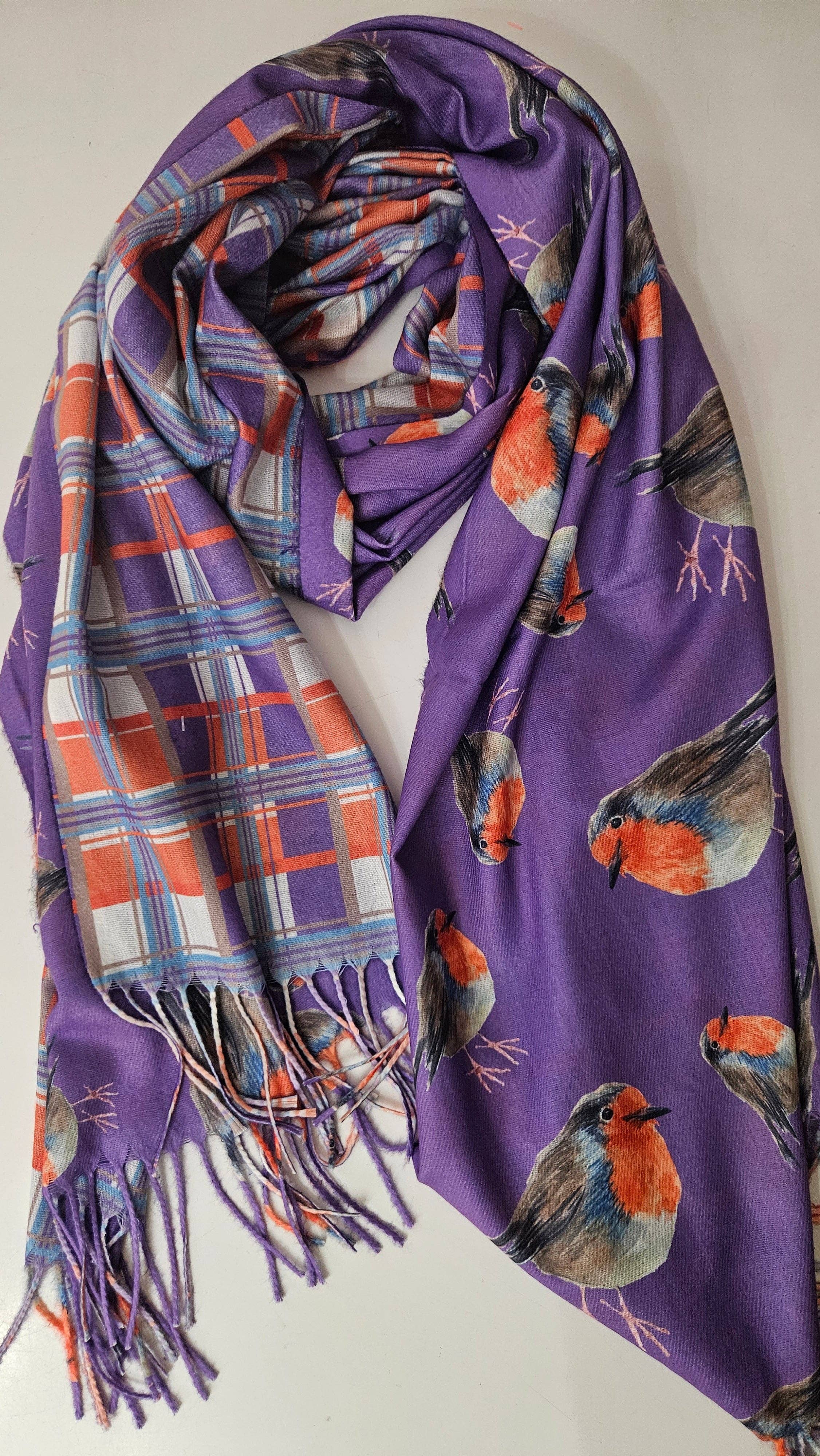 Shimena - Wholesale Scarf - Women's - Double-Sided Robin & Tartan Pashmina0