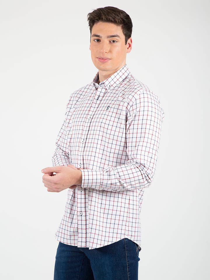 Solera – Camisa de botões - Homem por atacado – Camisa xadrez vermelha Viyela azul marinho