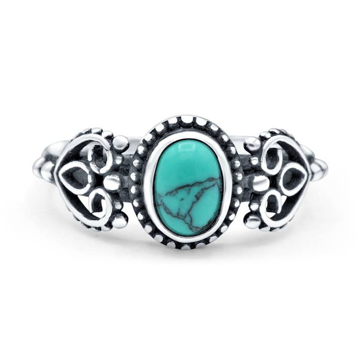 Petite Dainty Oval Solitaire Promise Ring Band Simulated Turquoise Oxidized Braided for wholesale by Blue Apple Imports