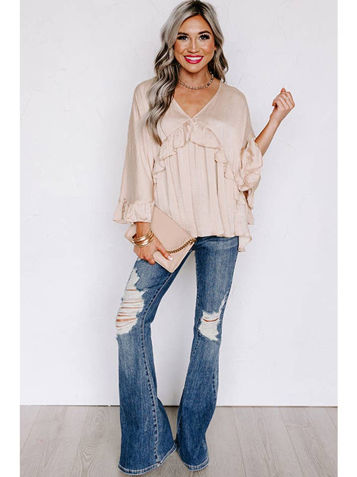 Apricot V Neck Draped Batwing Sleeve Ruffle Top for wholesale on Faire5