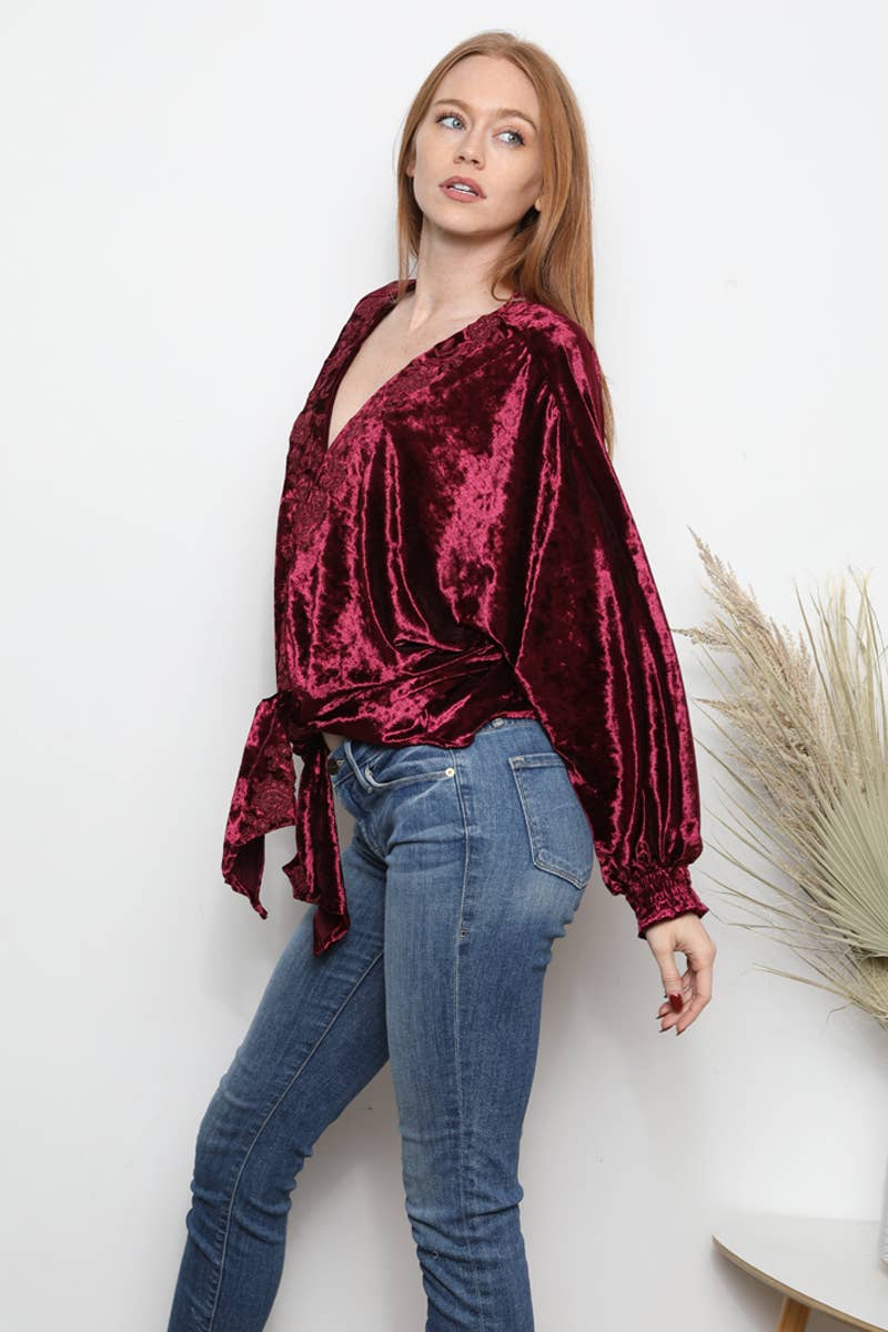 Nostalgia - Wholesale Blouse - Women's - E2V75-ASIS CRUSHED VELVET V NECK EMBROIDERED TIE WAIST TOP6