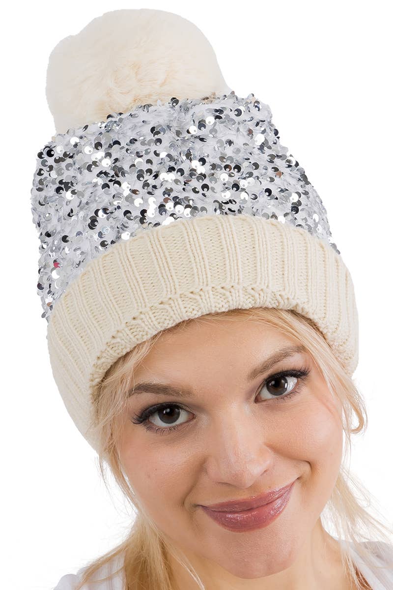 Cap Zone - Vente Bonnet – femme - Bonnet à pompon en tricot à paillettes métalliques Beazzled14