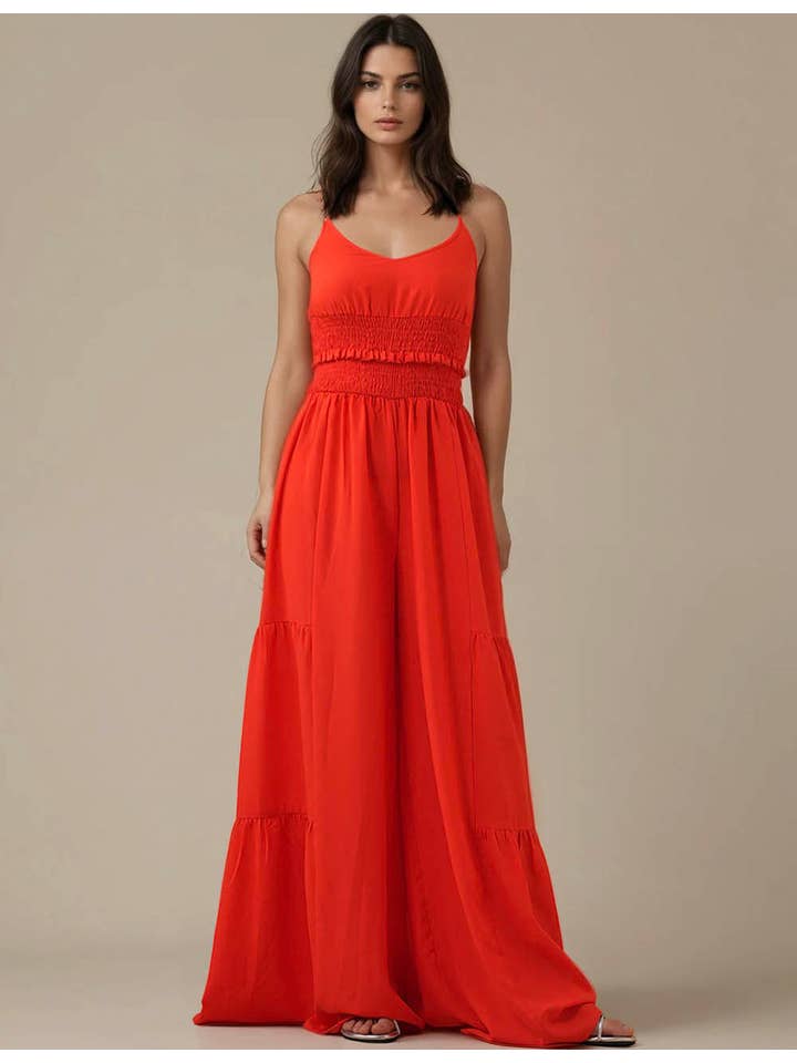Red Ladies Halter Overall Elastic Waist Wide Leg Jumpsuit SKJ5KC901 for wholesale on Faire