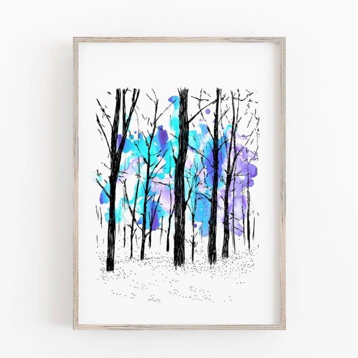 Alberi in blu e viola per la vendita all'ingrosso da parte di Drawn Together Art Collective