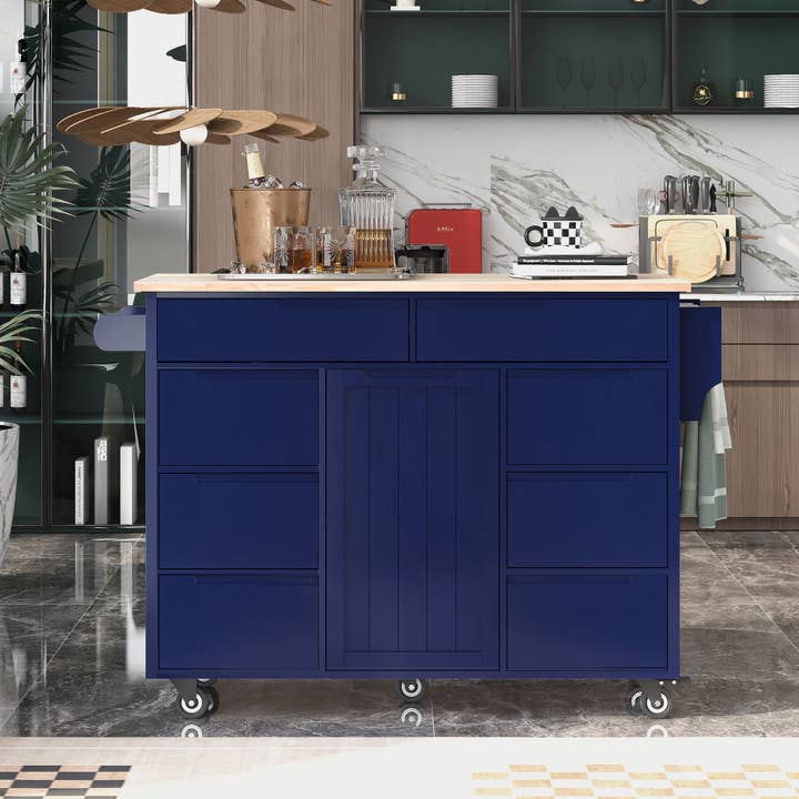 39F Inc. - Wholesale Kitchen Storage/Organizer - 53" Dark Blue Kitchen Island Cart with 8 Drawers & Wood 1
