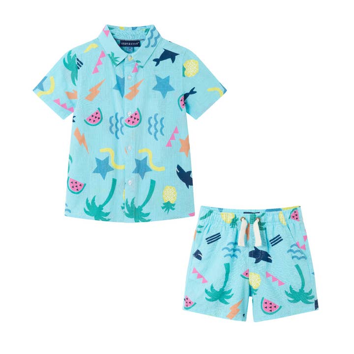 Light Blue Kids (2-7) Fun Print Buttondown Set | Tropical Adventure for wholesale on Faire
