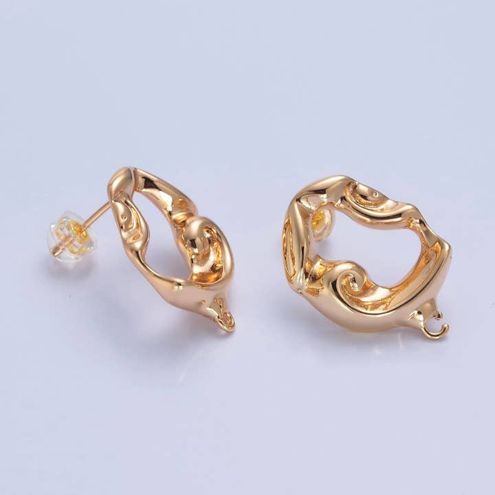 16K Gold Rustic Geometric Hammered Oval Stud Earrings with Open Link Loop, Jewelry Supply Component For Earrings Making, L-809 for wholesale by Aim Eternal