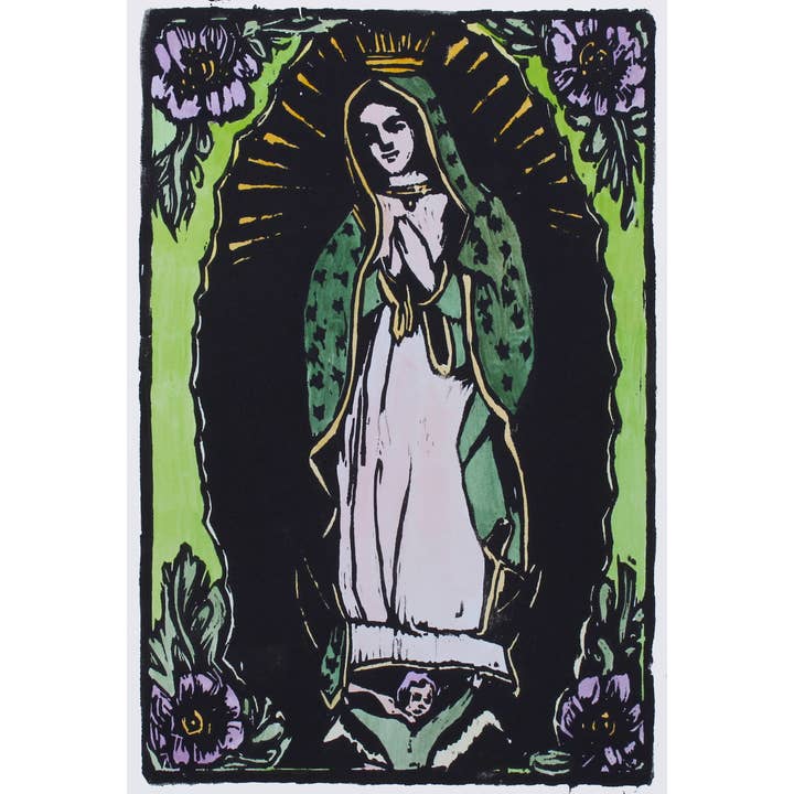 Woodblock Art Print Our Lady of Guadalupe / Virgin Guadalupe for wholesale by Michelle Farro Studio
