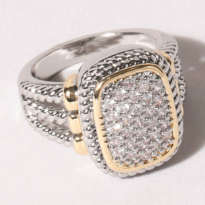 CZ Stone Micro Paved Two-Tone Square Ring for wholesale by Fashion City