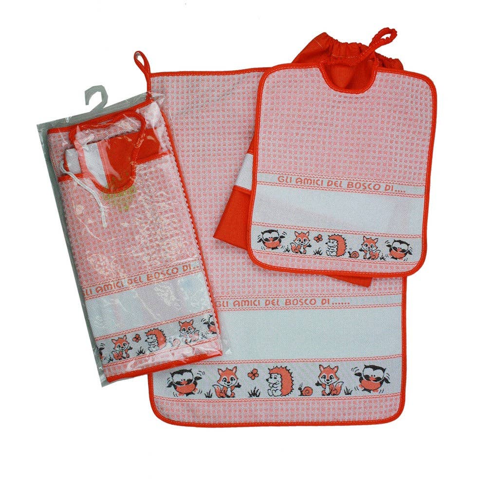 Almatex srl - Vendita all'ingrosso Tovaglioli da tavola in stoffa - Completo 3pz AMICI DEL BOSCO:asciugamano+bavetta con elastico+sacchetto con banda in etamine da ricamare4