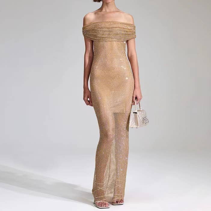 Gold DR0253 Summer Sequin Elegance: One-Shoulder Sheer Gown for wholesale on Faire0