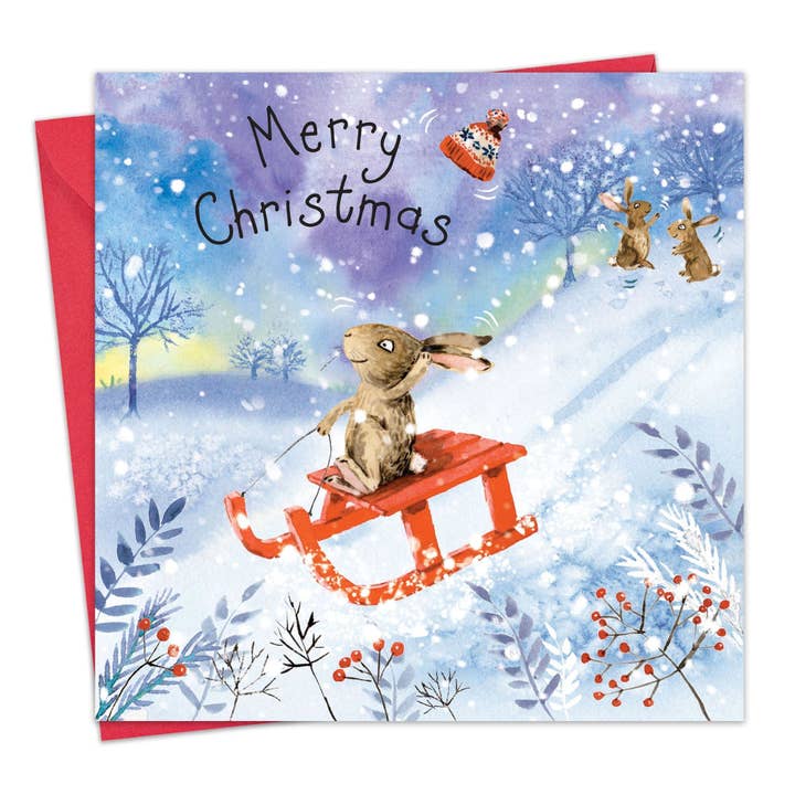 Rabbit Toboggan - Happy Christmas Card for wholesale by Twizler Ltd