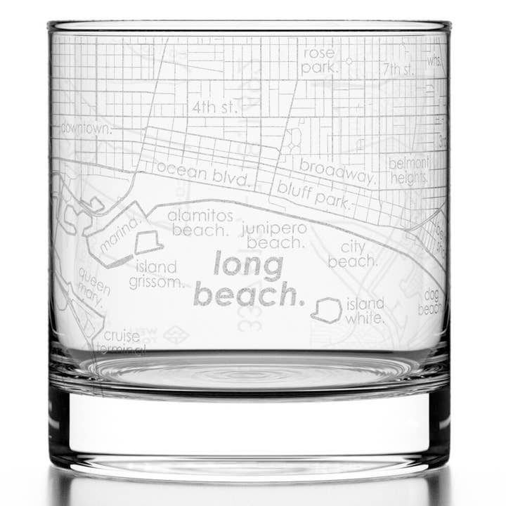 Long Beach, CA City Map - Etched Whiskey Rocks Glass for wholesale by Well Told