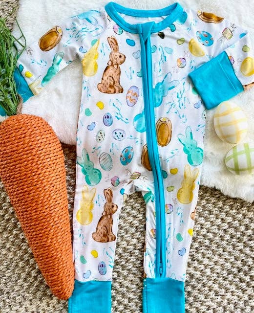 Sweet Bay Clothing – wholesale Jumpsuit – Baby – Easter Candy White/Blue Zipper Onesie