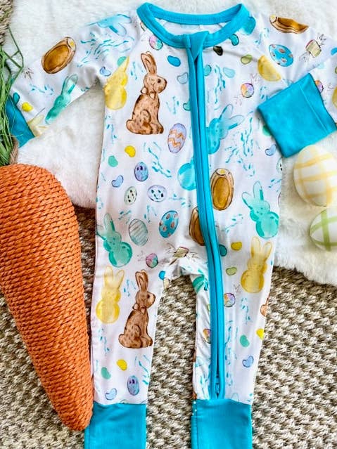 Easter Candy White/Blue Zipper Onesie for wholesale by Sweet Bay Clothing