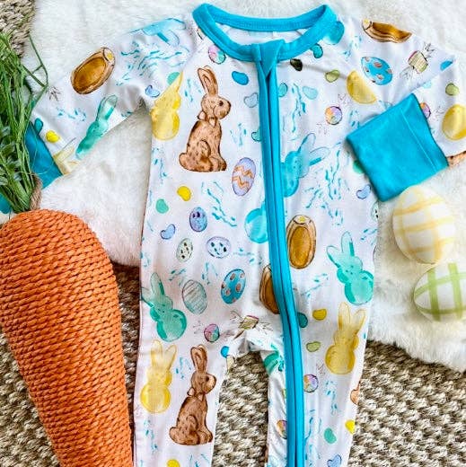 Sweet Bay Clothing - Wholesale Jumpsuit - Baby - Easter Candy White/Blue Zipper Onesie0