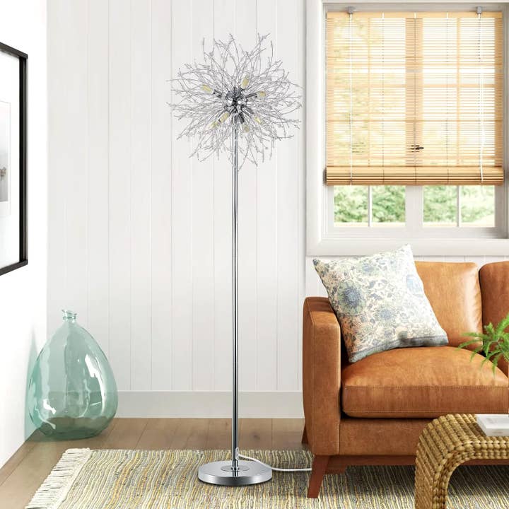 Silver Crystal Floor Lamp for Bedroom, Floor Lamp for Living Room, Elegant Standing Lamp, 69" Tall Pole Lamp, Modern Floor Lamp for Room Decor, 32 Firework Crystal Harnesses Included, Chrome Finish for wholesale on Faire