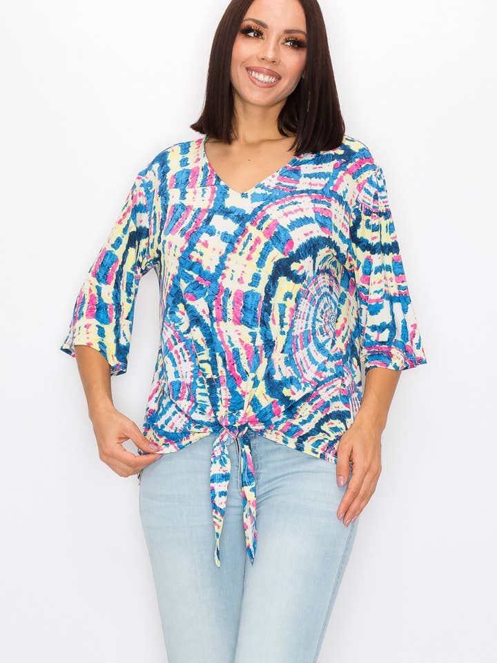 Multi Colored ST21016-3984. - WOMEN TIE DYE 3/4 SLEEVE T-SHIRT w FRONT TIE for wholesale on Faire